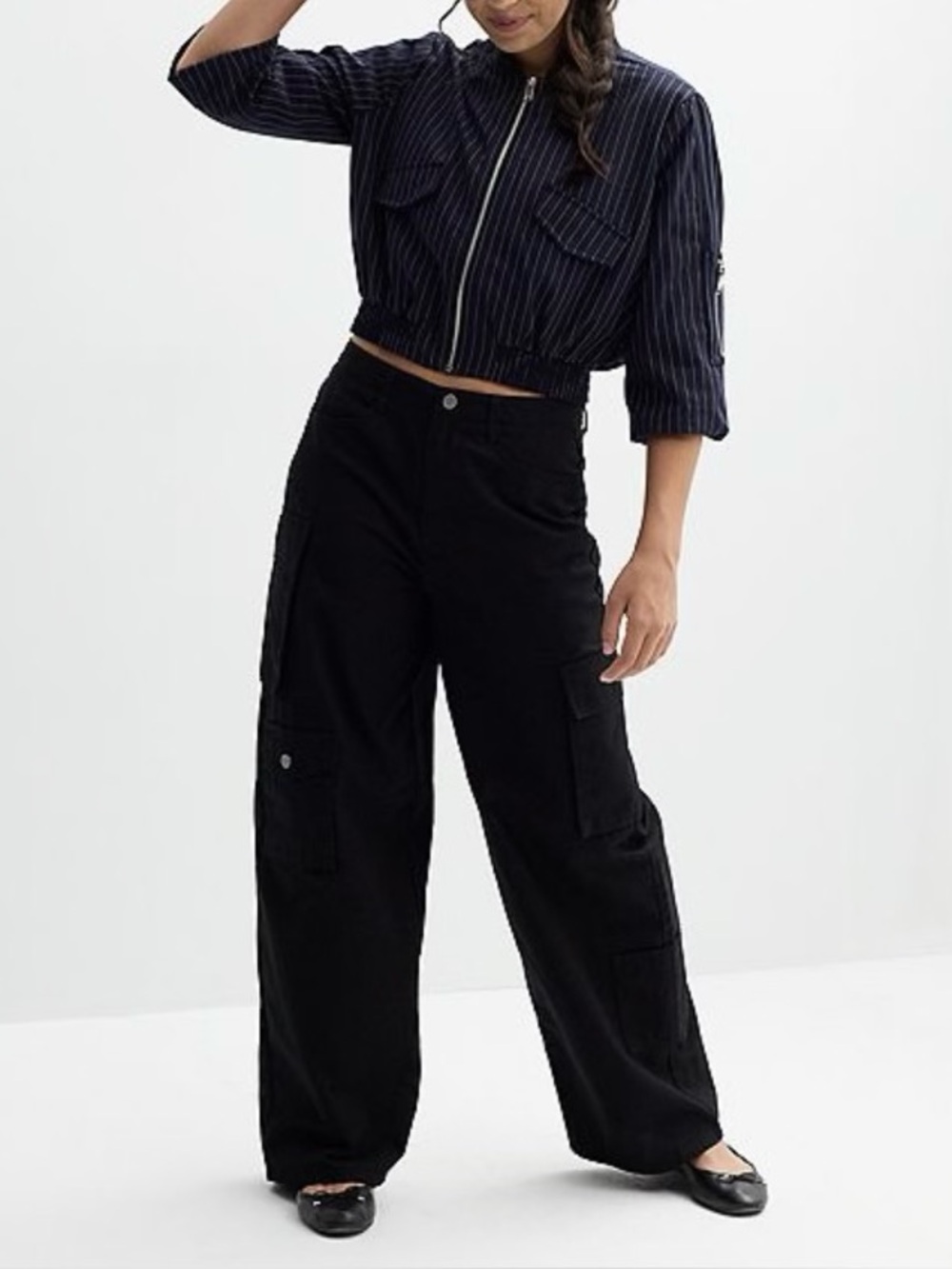 Black Hi-Rise Wide Leg Ripstop Baggy Cargo Pants